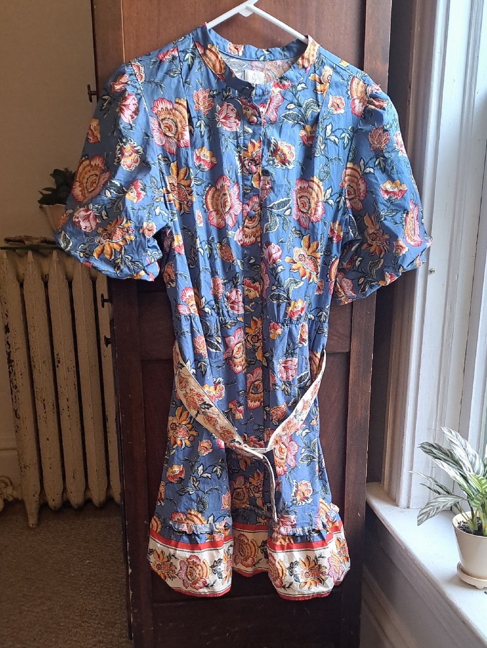 Joie Size 14 Woman's Blue Floral Puff Sleeve Ruffled Hem Dress